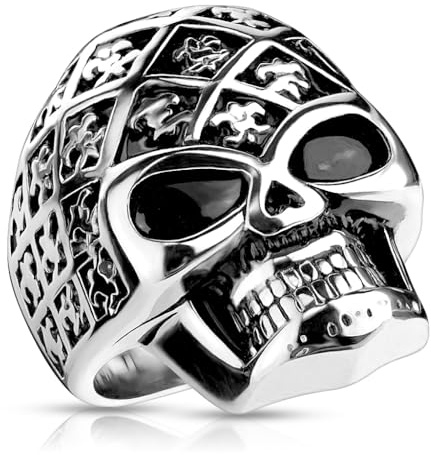 Paula & Fritz® Bague pour homme en argent avec tête de mort et fleur de lys en acier chirurgical 316L Taille 59 (18,8) à 75 (23,9) Bague pour femme Bague de couple Bague à motif, Acier chirurgical,