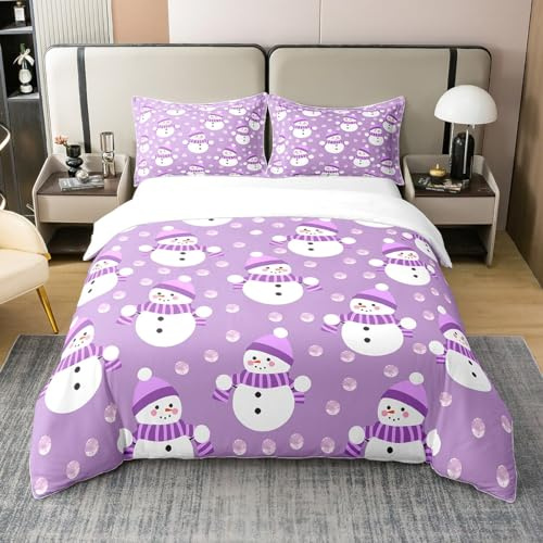Homemissing Purple Snowman Bedding Set King Size Kids Christmas Comforter Cover Set for Boys Girls Teens Xmas 100% Cotton Duvet Cover Breathable Winter Bedspread Cover Room Decor