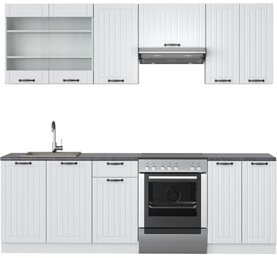 Vicco Küchenzeile Fame-Line, Weiß Landhaus/Weiß, 240 cm, AP Anthrazit, zur individuellen Erweiterung mit zusätzlichen Modulen geeignet