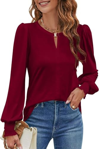 NAIOSS Camicia da Donna con Scollo a V, Elegante Donna Manica Lunga Blusa, da Lavoro Casual Sciolto Top T-Shirt - Tinta Unita (Vino Rosso/L)