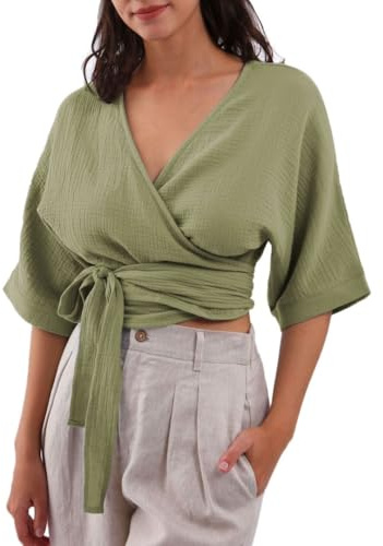 Amazhiyu Womens Summer Short Sleeve Crop Tops Cotton V Neck Self Tie Wrap Blouse Green, XX-Large