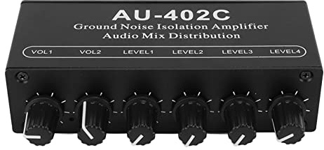 Stereo Audio Mixer, Stereo Dual Channel Audio Splitter 4 in 2 Out Mixer Ground Noise Isolation Amplifier Dual Channel Jack Splitter, Headphone Amps