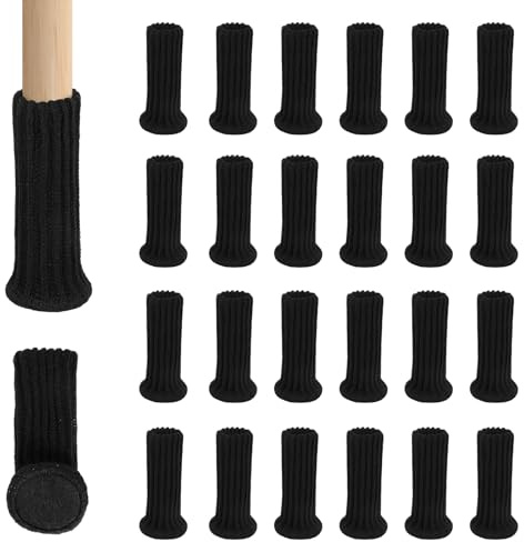 Chiluxendo 24pcs Chaussette Chaise pour Pieds de Chaise, Chaussettes de Chaises Mobilier en Feutre, Patins de Meubles Antidérapants en Tricot Elastique, Évitez Les Rayures et Réduire Le Bruit, Noir