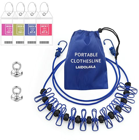 Magnetic Retractable Clothes Line for Cabin - Approved 2025 Cruise Essentials Clothes Drying Rack Travel Clothesline with Clothespins -4 Luggage Tags Strong Magnets Hooks (Blue)
