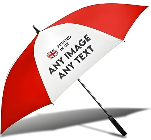 TheDogTagCo Personalisierbarer Regenschirm mit Foto oder Logo – individuelle leichte Allwetter-Regenausrüstung, langlebig, hergestellt in Großbritannien, einzigartige Geschenkidee, rot, 60 inches