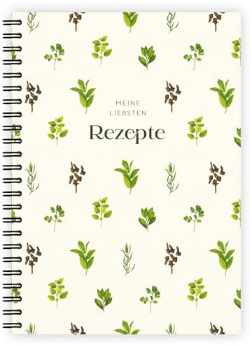 temonto Rezeptbuch zum Selber Schreiben für 60 Gerichte inkl. Inhaltsverzeichnis | DIN A5 100g FSC® Naturweiß-Papier | Drahtkamm-Bindung und Schutzcover | Kräuter Muster