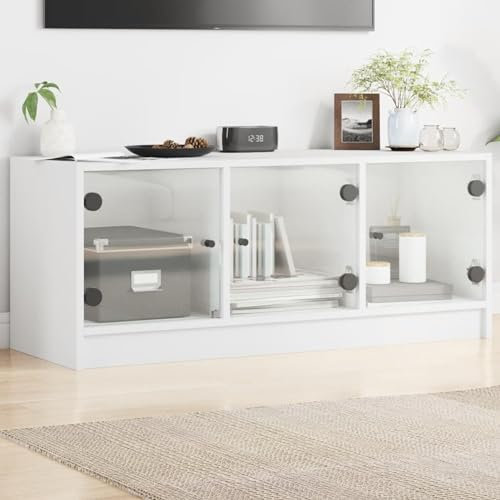 Homgoday TV-Schrank mit Türen aus weißem Glas, 102 x 37 x 42 cm, TV-Tisch, Wohnzimmer-Tisch, niedriger Schrank für industrielle Fernseher, TV-Ständer Modell 836406