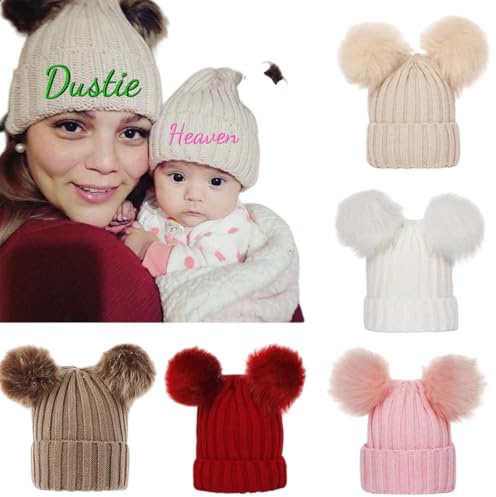 Personalisierte Baby-Bommelmütze, Individuelle Baby-Namen Plüsch-Bommelmütze, Warme Kinder-Wintermütze, Gestrickte Wollmütze Für Mutter Und Baby, Kinder-Polka-Dot-Mütze Mit Zwei Bommeln(Child Size)