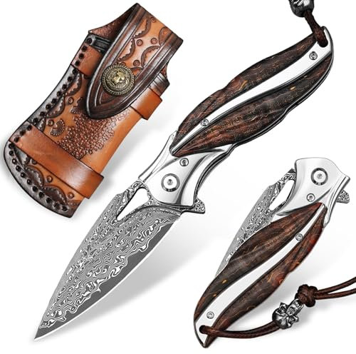 ALVELY Handgemachtes Damaszenerstahl-Klappmesser mit Rindslederscheide, Liner Lock, Holzgriff, Herren-Klappmesser für Bergwanderungen, Camping-Abenteuer, als Geschenk, EDC-Utility-Messer
