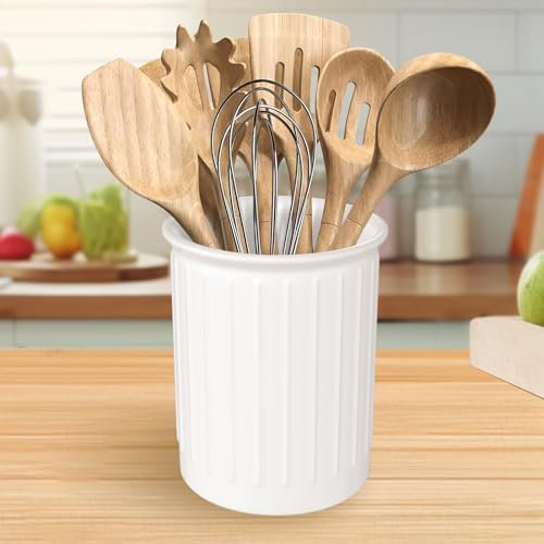 JABNOW Porta Mestoli in Ceramica, 13.3*10.8cm Porta Utensili, Poggia Mestolo per Spatola Cucchiaio Forchetta Bacchette (Bianco)