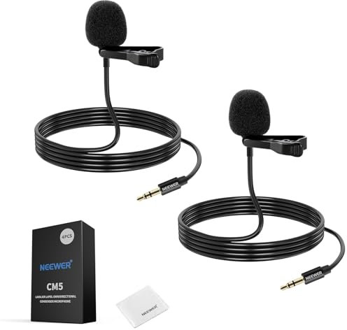 NEEWER CM5 Microphone Lavalier (Packs de 2), 1,2m, Micro Cravate Filaire Omnidirectionnel à Condensateur 3,5mm TRS, Compatible avec Rode Wireless GO II 2 Caméra, émetteur DJI,1 x Chiffon de Nettoyage