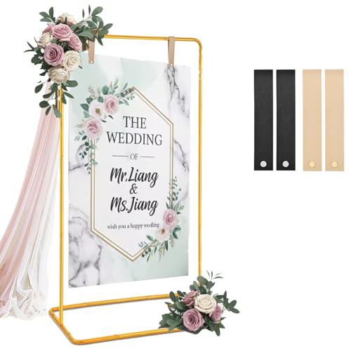 Support réglable doré pour panneau de mariage – 172,7 x 78,7 x 50,8 cm – Chevalet robuste avec sangles en cuir pour panneaux de bienvenue, tableaux de sièges, affichage d'affiche, support de panneau