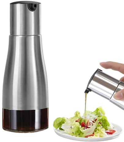 Rayconup Silberne Ölflasche, 320ml Olivenöl und Essigspender Set, Olivenöl Ölflaschen Spender, Essig und Ölflaschen Set mit Edelstahl Glasboden, Öl und Essig Spender für Küche BBQ