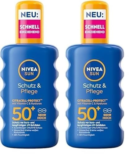 NIVEA SUN Schutz & Pflege Sonnenspray LSF 50+, wasserfestes Sonnencreme Spray mit Vitamin C & Hyaluron, schnell einziehender Sonnenschutz für 48h Feuchtigkeit (200 ml) (Packung mit 2)