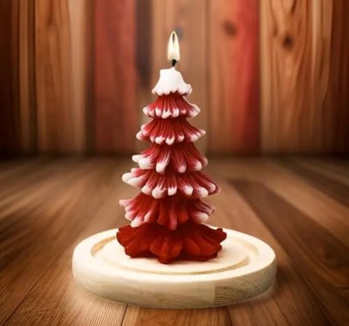 Candela natalizia rossa e bianca con base in legno, candela decorativa per albero di Natale
