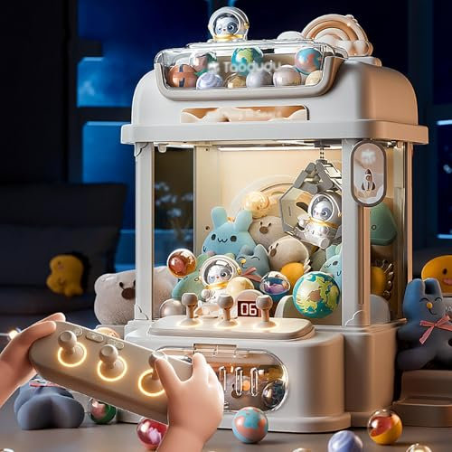 Claw Machine with Remote Control , Mini Candy Grabber Prize with 8 Planets,2 Panda Doll,25 Dolls,20 Gashapons Use Gumballs,Candy,Toys,or Small Prizes ,White