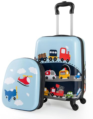 GOPLUS 2 TLG Kinderkoffer mit Rucksack, Kindertrolley mit Rollen, Teleskopgriff, Leichter Kinder Koffer mit Handgepäck, Reisekoffer für Flugzeug, Kindergepäck für Mädchen und Jungen (Hellblau)