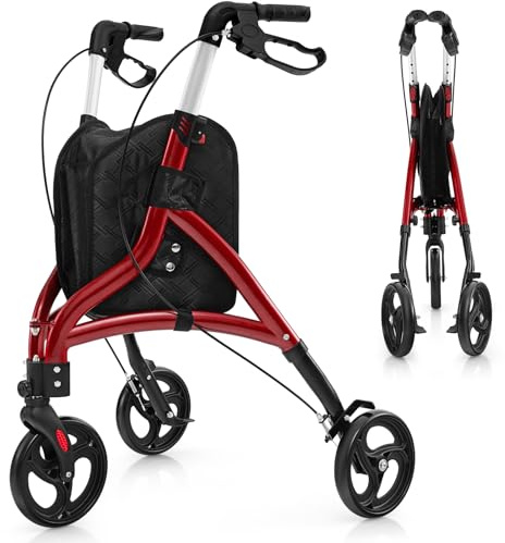 COSTWAY Deambulatore per Anziani in Alluminio Ultraleggero a 3 Ruote, Rollator per Anziani Pieghevole e Regolabile in 6 Livelli 86-96 cm con Borsa e Ruote Bloccabili, Portata 136 kg (Rosso)