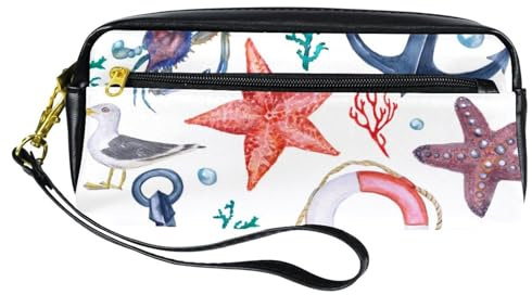 Federmäppchen, Wasserfarben, Anker, Möwe, Rettungsring, Stifttasche, Tasche, PU-Leder, Schreibwaren-Tasche mit Reißverschluss, für Jungen und Mädchen, Schul- und Bürobedarf
