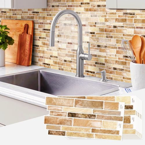 indabyo 20 Sheets Mosaic Marble Effect Tile Stickers Peel and Stick on Tile | Kitchen Bathroom Wall Self Adhesive Vinyl Waterproof Backsplash Sticky Tile Covers Decals (Light Brown)