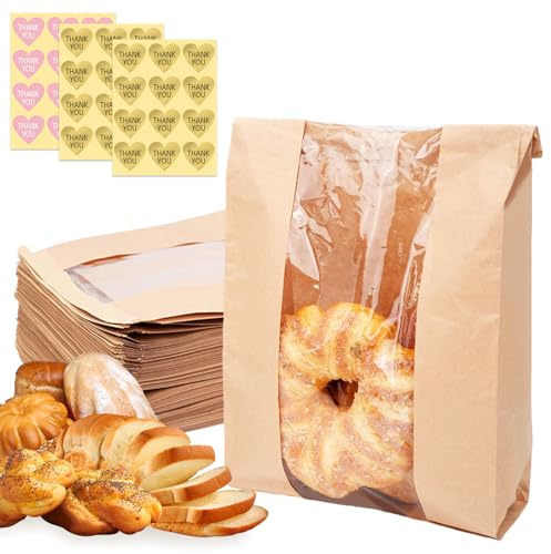 Zoyiancy Lot de 25 sacs à pain en papier kraft pour pain fait maison, sacs de boulangerie avec fenêtre, grands sacs à pain avec étiquette autocollante pour stockage des aliments, des cookies (34,8 x