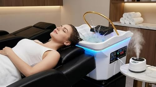 BEDCKCC Head Spa Japonais, Bac à Shampoing Professionnel avec Réservoir 60L, Système de Circulation d'eau, Fumigation et Luminothérapie, Équipement de Soin du Cuir Chevelu pour Salon de Beauté et Spa