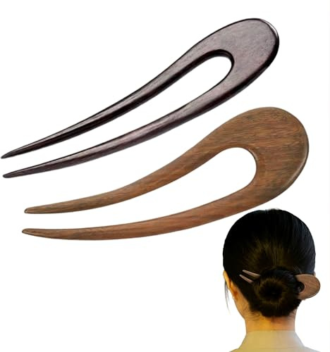 2 Pcs Pince à Cheveux en Bois Forme U - Épingle à Chignon Double Fourche - Accessoires de Coiffure Élégants en Bois de Santal - 15,5 cm