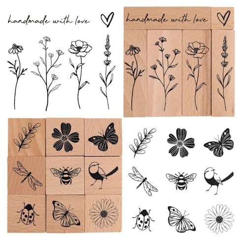 Penitue 15pcs Vintage Wood Rubber Stamp Set, Flower Butterfly Bird Ladybird Plant Handmade with Love Wood Rubber Stamps for Journal Art DIY Scrapbooking Gift Wrapping Crafting Card Making (15 Styles)