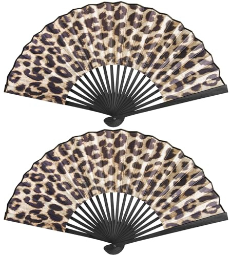 2 Stück Handfächer Faltbare Fächer aus Stoff für eine Abkühlung im Sommer | Leopard Klein Chinesische Fächer Taschenfächer Klappfächer für Hochzeite Bevorzugung Aufführung Tanz Dekoration