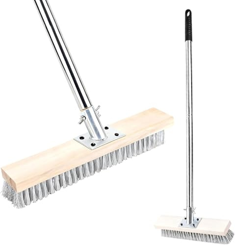 115cm Wire Scrub Weed Brush with Long Handle, Outdoor Wire Broom Brush | Heavy Duty Telescopic Patio Deck Garden Wire Broom Cleaner Scrubber Garden Brush, Deck Scrub Brush for Removing Weed