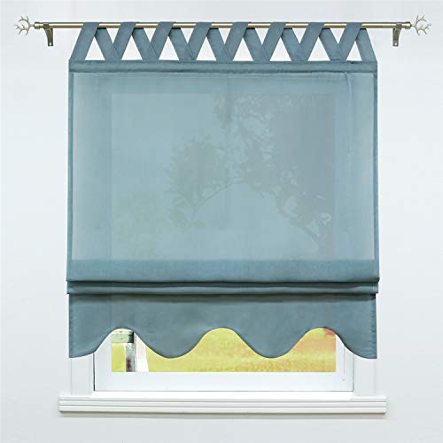 SCHOAL Raffrollo mit Schlaufen Halbtransparente Raffgardine Landhaus Schlaufenrollo Gardinen Leinen mit gebogten Abschluss 1 Stück BxH 140x140cm Blau