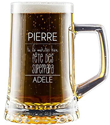 My original gift Bicchiere da birra con incisione personalizzabile per la festa del papà con il suo nome, il testo Tu Le merites Bien, la festa del Superpapas e il nome della persona che Lui Offre.