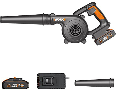Soplador Ligero 20V Máx. WORX | PowerShare | WX094 | Incluye 1 batería 2Ah y Cargador| | 3 velocidades, ergonómico y Potente | Ideal para soplados de Taller Negro y Naranja