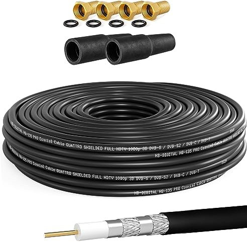 HB-DIGITAL Câble coaxial SAT HQ135 PRO de 10 m avec 2 douilles en caoutchouc + 4 fiches F plaquées or gratuites | Câble d'antenne satellite quadruple blindage | Pour installations DVB-S/S2 DVB-C/C2
