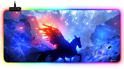 DORRISO Neu Gaming Mauspad Großes RGB 900x400x3 mm XXL LED Schreibtischunterlage Wasserdicht Anti Rutsch Mauspad Matte für Computer PC Professionelle Gamer Mousepad Blaues Pferd