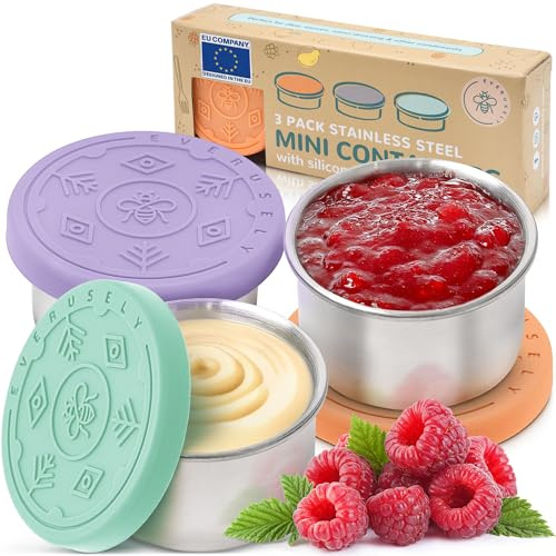 Contenitore per condimento per insalata - Confezione da 3, 50 ml, luminoso | Bicchierini per condimenti Everusely in acciaio inossidabile a tenuta stagna, per uso alimentare e lavabili in lavastoviglie
