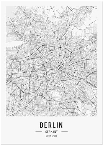 JUNOMI® Berlin Stadtplan Poster DIN A2 (42x59,4 cm) - Schwarz Weiß Design Wandbild - Modernes Stadtposter ohne Rahmen für Wohnzimmer & Büro
