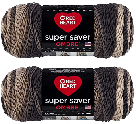Red Heart Super Saver Jumbo Hickory Ombre Yarn - 2 Pack of 283g/10oz - Acrylic - 4 Medium (Worsted) - 482 Yards - Knitting/Crochet