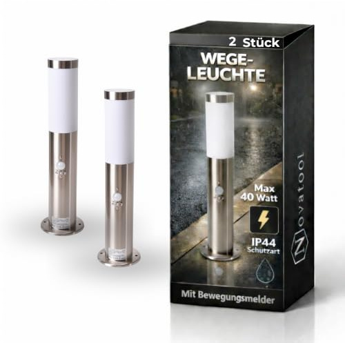 Novatool 2x Gartenlampen I 45 cm I mit Bewegungsmelder I Edelstahl I IP44 I E27 Sockel I Gartenleuchten Stehlampen Säulenlampen außen Außenlampen Aussenleuchten Sockelleuchten Pollerleuchten
