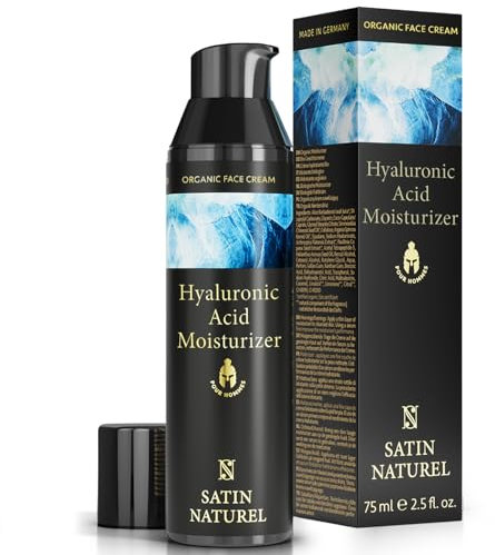 Satin Naturel Hyaluronic Acid Face Moisturiser for Men 75ml - Organic Mens Skincare & Anti Aging face Cream with Aloe Vera - Day & Night Cream - Mens Moisturiser Face for a Daily Efficient Skincare