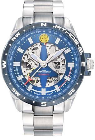 Patrouille de France Fliegeruhr Athos 8 – Automatik Skelett – Stahl, Blau und Silber, Armband