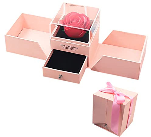Rosa Eterna Hecha a Mano Caja de Regalo de Joyería de Rosa Preservada Rosa Eterna Hecha a Mano para El Día de San Valentín Aniversario de Bodas Día de La Madre Regalos Románticos para Ella -Rosa