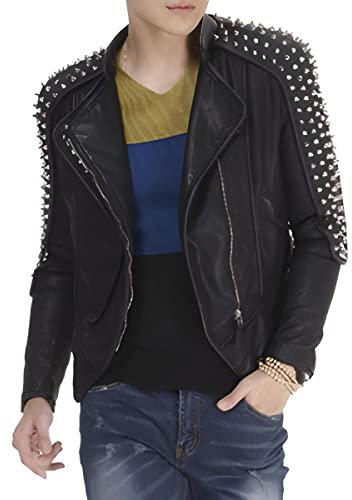Aksah Fashion Herren-Jacke, schmale Passform, schwarz, Nieten, Spikes, Biker, Motorrad, Punk, echtes Leder, Schwarz , 3XL