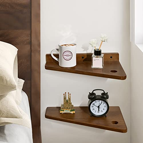 SUMGAR Floating Bedside Table Small Nightstand Set of 2 Shelf Wall Mounted Dark Solid Wood Shelves Walnut Modern Slim Thin Storage Display Furniture for Bedroom Living Room Home Decor 33x20cm