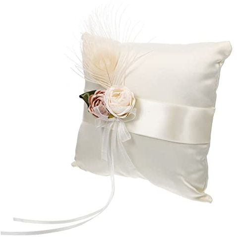 Hoement Cuscino Portafedi in Raso Bianco Fiori e Pizzo, Cuscino Fedi Nuziali Elegante per Decorazioni Matrimonio e Cerimonie Speciali