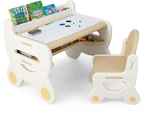 COSTWAY Table à Dessiner pour Enfants avec Chaise & 5 Stylos & Gomme, Bureau Enfant en Forme Mignon avec Espace de Rangement Caché, Charge 30/50kg, pour Enfants de 3-8 Ans (Marron) TP10119FR