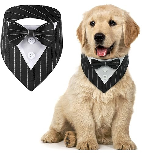 Bandana Smoking pour Chiens, Foulard Triangulaire pour Animaux De Compagnie, Écharpe De Fête De Mariage Anniversaire, Cravate Réglable Nœud Papillon (S, Rayures)