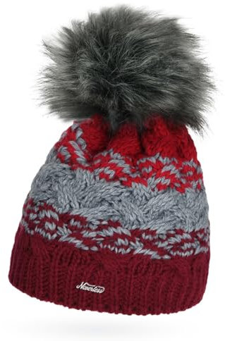 Neverless® Damen Strick-Mütze mit Fleecefutter Fell-Bommel Kunstfell Wintermütze Bommelmütze Grobstrick Mehrfarbig Bordeaux-hellgrau-rot Unisize