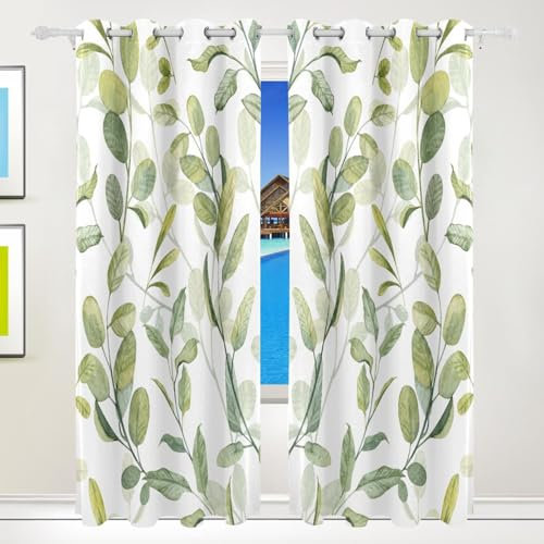 Mnsruu Eukalyptusblätter grüne Pflanze Tropische Verdunkelungsvorhänge Fensterbehandlungen Vorhänge Thermo Raum Verdunkelung Vorhänge Ösen Schlafzimmer Fenstervorhänge für Wohnzimmer 140 x 183 cm