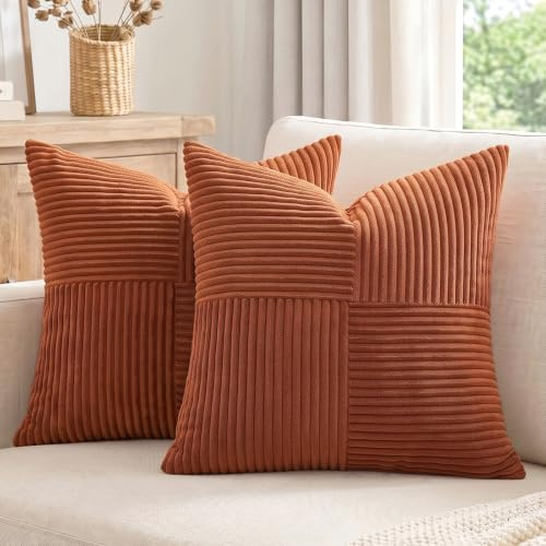 FDTERN Set med 2 boho kuddfodral för soffa, 45 x 45 cm, manchestersammet, modernt mjukt korsmönster, dekorativa kuddfodral för soffa, sovrum, roströd